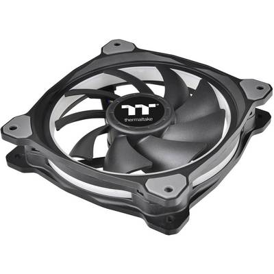 Schwarzer Computerlüfter mit Thermaltake-Logo in der Mitte, zeigt fünf Rotorblätter und ein quadratisches Gehäuse mit vier Befestigungslöchern.