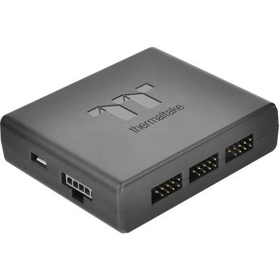 Ein schwarzer Thermaltake-Lüfterhub mit mehreren Anschlüssen für PC-Gehäuselüfter, zur Verbesserung der Kühlung.