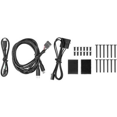 Ein Kabelset mit USB-Kabeln, Steckverbindungen, Klettverschluss und Schrauben für PC-Verbindungen und -Befestigungen.
