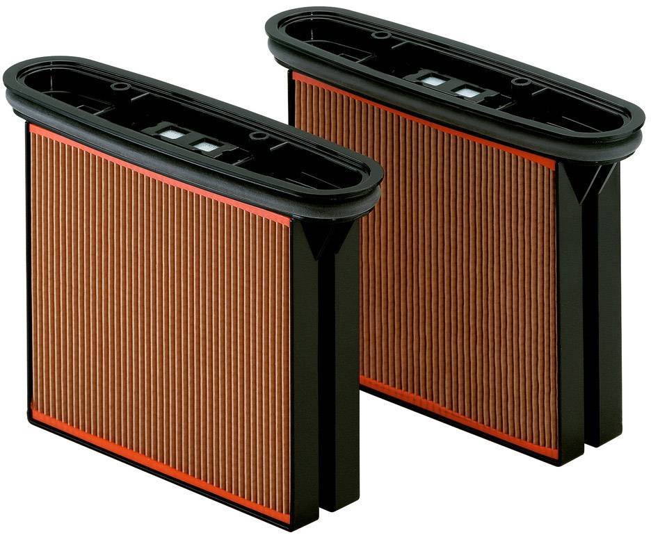 Zwei rechteckige Luftfilter mit roten Falten und schwarzem Rahmen, nebeneinander aufgestellt.