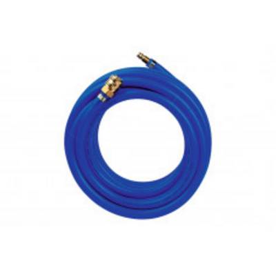 Ein blaues Luftschlauch-Kit mit einem Adapter an einem Ende, aufgerollt in einer spiralförmigen Form, vor einem weißen Hintergrund.