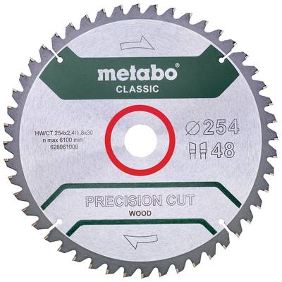Ein runder Sägeblatt mit markantem Zahnmuster. Aufschrift: 'metabo CLASSIC', 'PRECISION CUT WOOD', Durchmesser 254 mm, 48 Zähne.