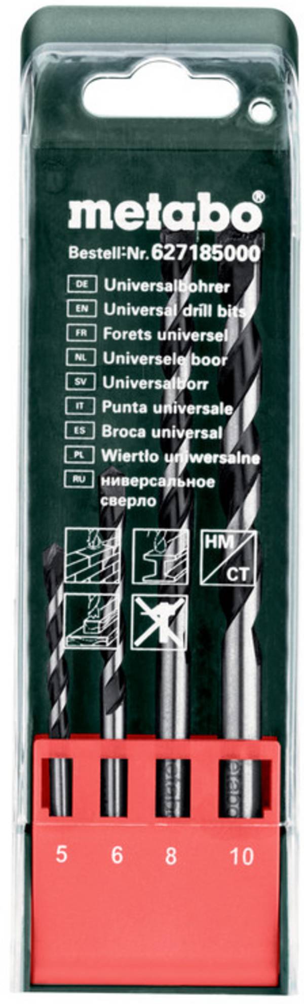 Metabo 627185000 4teilig Universal-Bohrersortiment Holz, Stein, Beton, Metall, Kunststoff, Buntmetall 5 mm, 6 mm, 8 mm, 10 mm