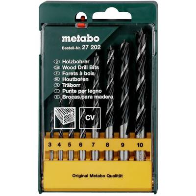 Verpackung für Metabo-Holzbohrer, Satz aus acht schwarzen Bohrern in den Größen 3 bis 10 mm, mit der Bezeichnung „Original Metabo Qualität".