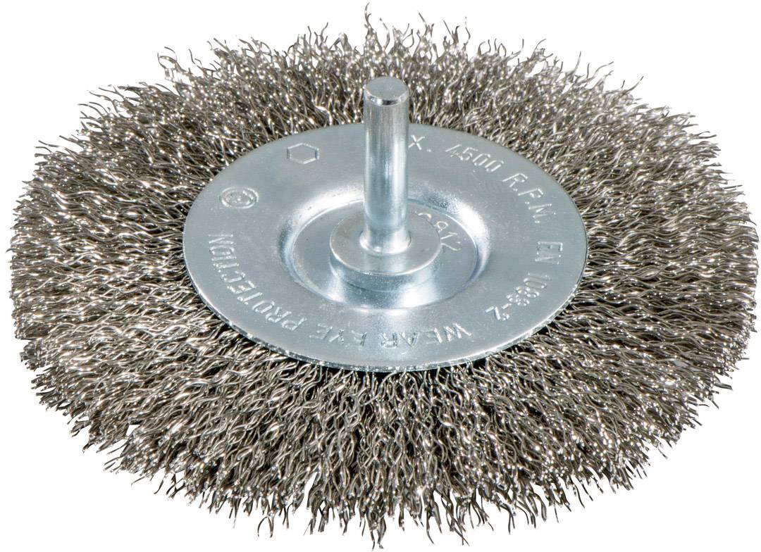 Runde Drahtbürste mit Metallborsten und zentralem Aufsatz. Geeignet zum Entfernen von Rost, Farbe oder Schmutz von Metalloberflächen.