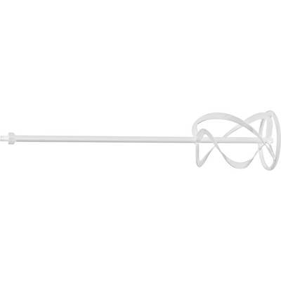 Weißer Handmixerstab horizontal auf weißem Hintergrund abgebildet, mit der Metallwelle, die nach links ragt, und dem Schleifenende des Quirls auf der rechten Seite.