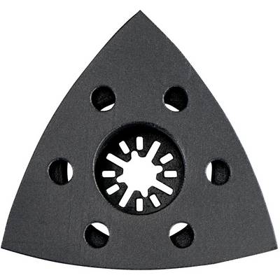 Schwarzes dreieckiges Schleifpad mit sechs kleinen Löchern und einem zentralen sternförmigen Lochmuster.