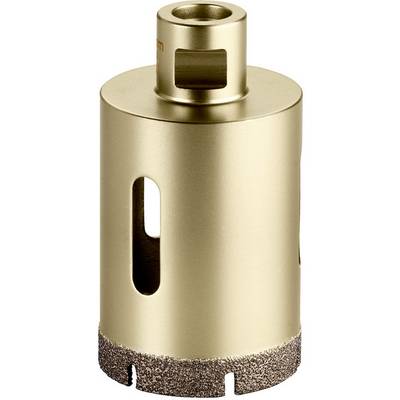 Goldfarbiger zylindrischer Diamantbohrkern mit Seitenschlitzen und einer Gewinde-Steckverbindung oben auf weißem Hintergrund