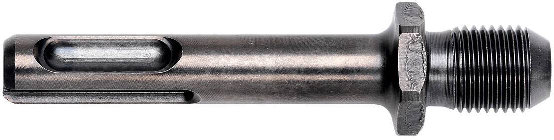 Ein Metallstift mit Rillen und einem Gewinde am Ende, vermutlich ein Maschinenteil, liegt horizontal auf weißem Hintergrund.