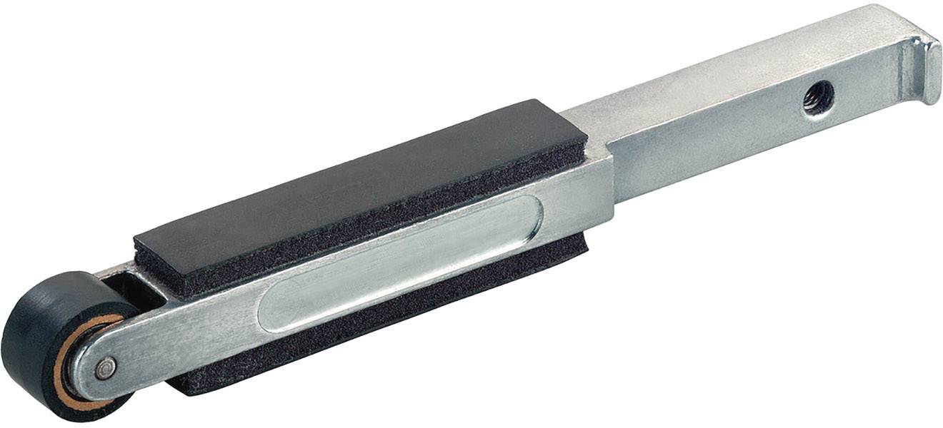 Metallische Türdämpfungsvorrichtung mit schwarzem Gummirad und rechteckigem Hebel, dient zur sanften Schließung von Türen.