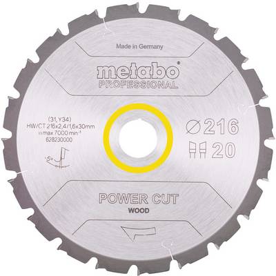 Kreisförmiges Metabo Professional Power Cut Holzsägeblatt aus Metall, mit den Beschriftungen „Ø216" und „20", mit gelb hervorgehobenem Mittenloch.