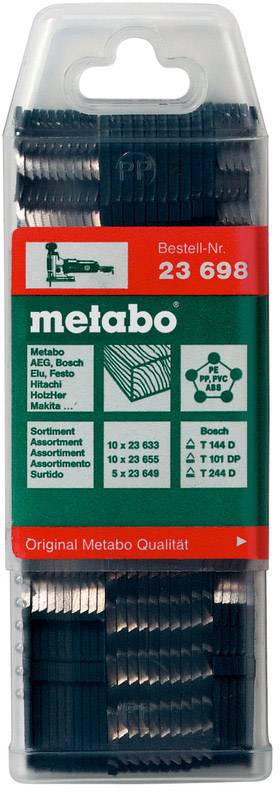 Verpackung mit Metabo-Sägeblättern, Bestellnr. 23 698. Für Metall, Holz, Kunststoff. Enthält vier Sägeblatt-Sätze verschiedener Größen.