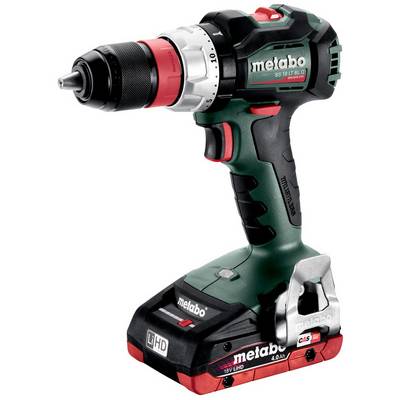 Metabo Akku-Bohrmaschine mit Akkupack und Bohrfutter, in der Seitenansicht auf weißem Hintergrund dargestellt.