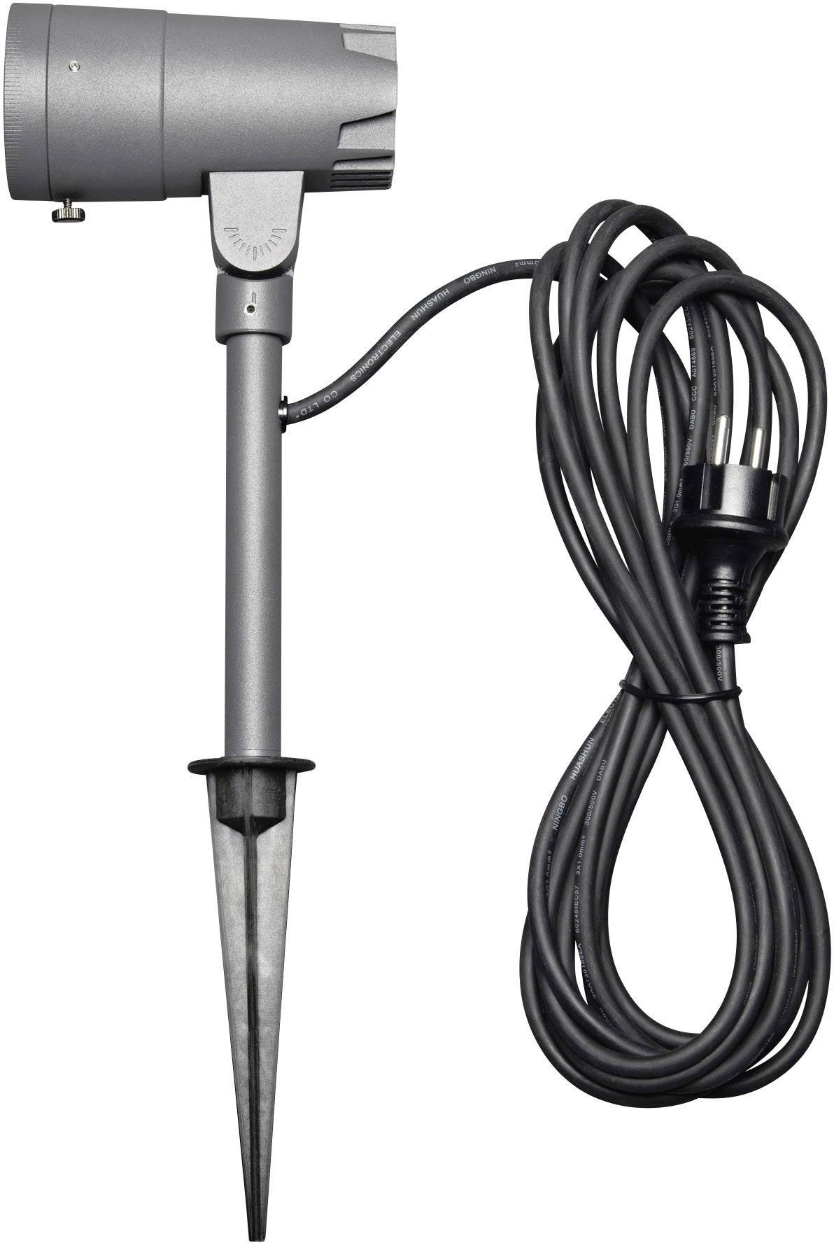 Lichtstrahler mit Erdspieß und Netzkabel, geeignet für den Außenbereich. Enthält Drehmechanismus für verschiedene Beleuchtungswinkel.