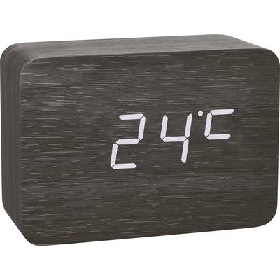 Digitaluhr mit Holzoptik zeigt '24°C' in weißer Schrift.