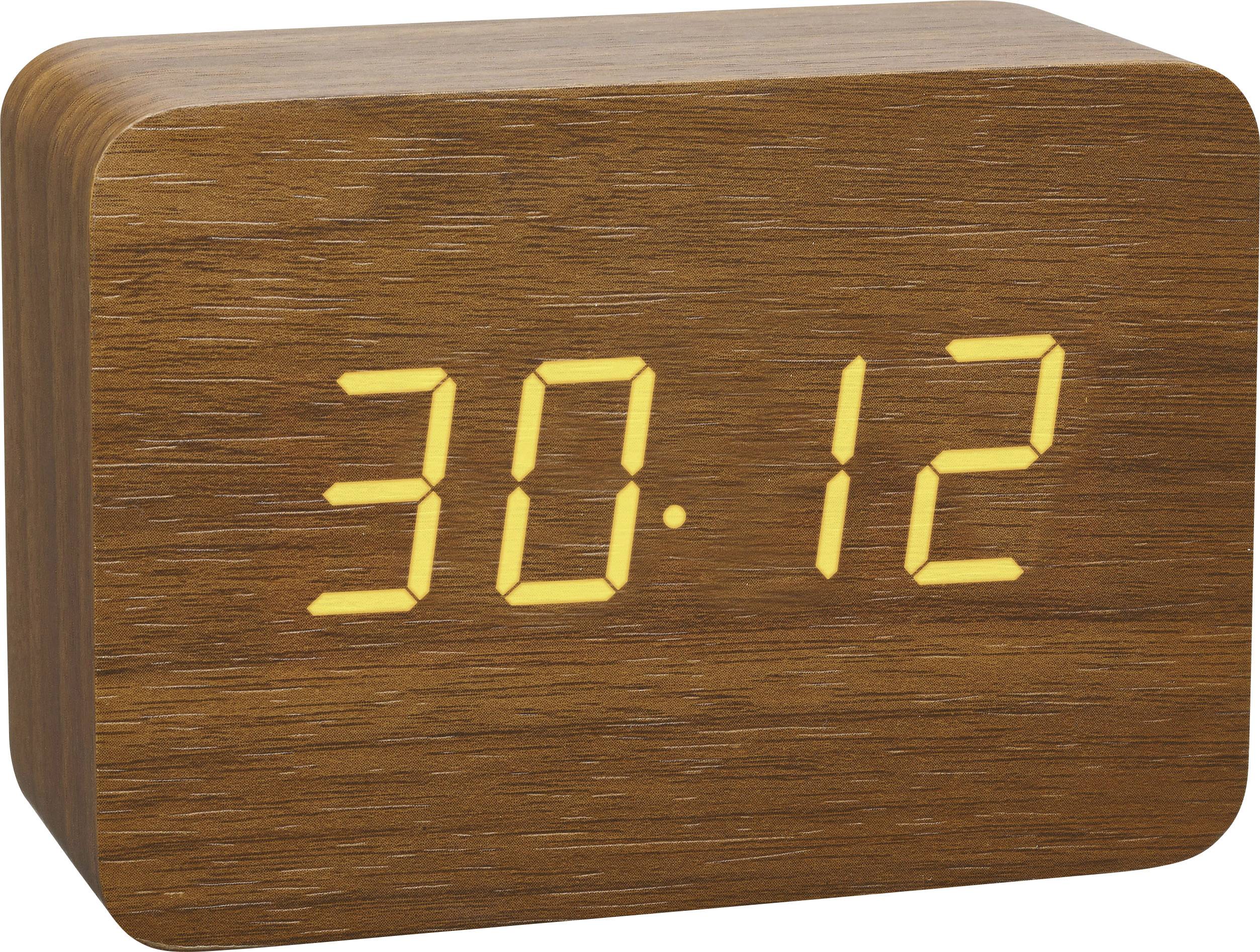 Elektronische Uhr mit Holzgehäuse zeigt '30:12' in gelben Leuchtziffern an.