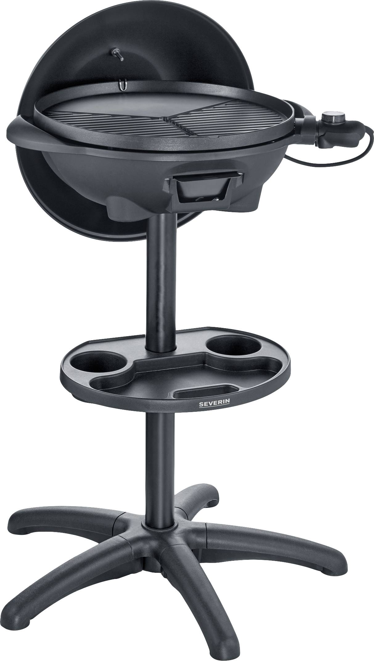 Ein schwarzer elektrischer Standgrill mit abnehmbarem Grillrost und einem Ablagetisch darunter, auf einem stabilen Standfuß.