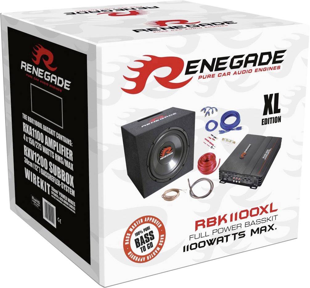 'Renegade Car Audio'-Set, XL Edition, enthält Subwoofer, Verstärker, Kabel. Leistungsangabe: 1100 Watt max. Unterstützt tiefen Bass.