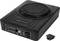 Schwarzer Auto-Subwoofer mit integrierten Bedienelementen und Anschlüssen. Beiliegender kleiner Controller zur externen Steuerung.