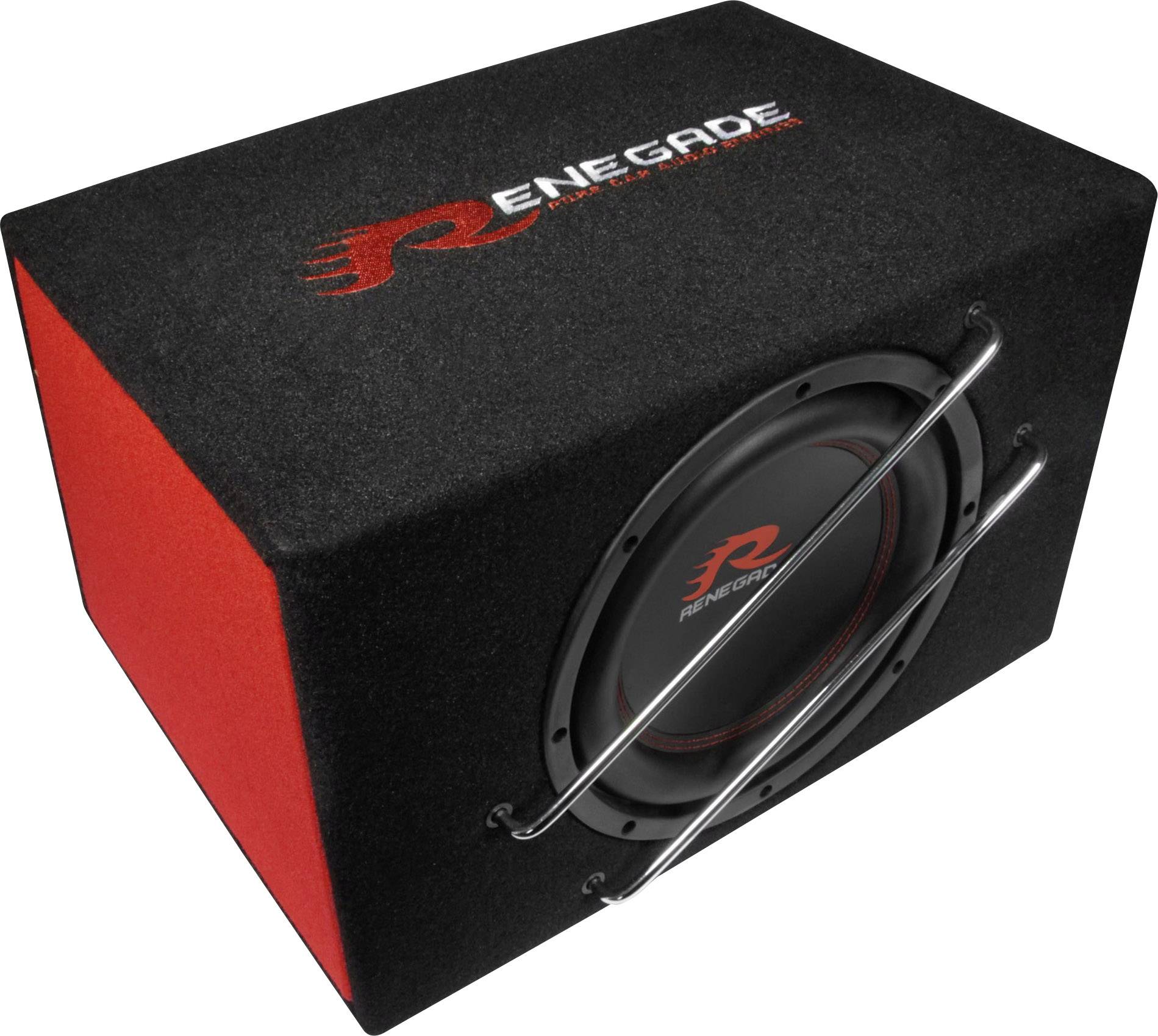 Ein schwarzer Subwoofer mit rotem Logo und roter Seitenfläche. Er ist in einem rechteckigen Gehäuse mit Schutzstangen vor dem Lautsprecher eingebaut.