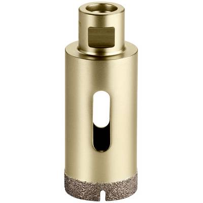 Goldener zylindrischer Bohrer mit Seitenschlitz und strukturierter Schneidkante, isoliert auf weißem Hintergrund.