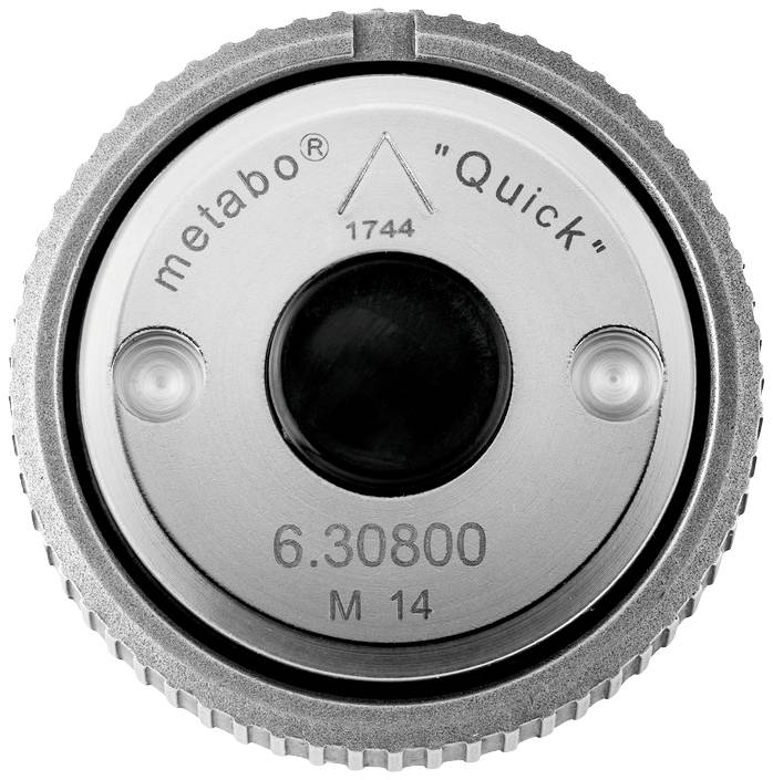 Metallische Schnellspannmutter von Metabo mit Aufschrift 'Quick', Modellnummer 6.30800, Gewinde M14, für Werkzeugbefestigung.