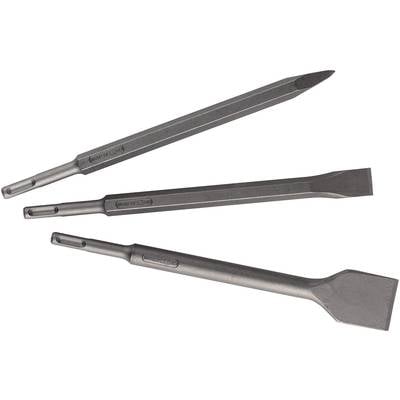 Drei Meißel in unterschiedlichen Formen aus Stahl, darunter ein Spitzmeißel, ein Flachmeißel und ein Breitmeißel, liegen nebeneinander.