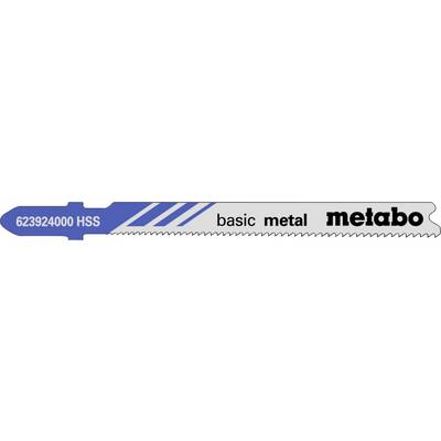 Blauweißes Metabo-Werkzeugetikett mit der Aufschrift "623924000 HSS", "basic metal" und dem Metabo-Logo.