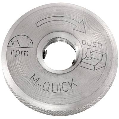 Metallknopf mit Pfeilen und Text: 'rpm', 'push', 'M-QUICK'. Gibt Richtung zum Drehen und Drücken an.