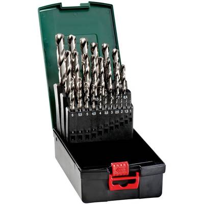 Ein Satz Bohrer in einem grünen Kunststoffkoffer, nummeriert von 1 bis 10 mm, sortiert nach Größe, mit rotem Verschluss.