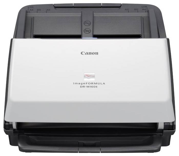 Canon ImageFORMULA DR-M160II Dokumentenscanner von vorne mit geöffnetem Papierzufuhr-Tablett.
