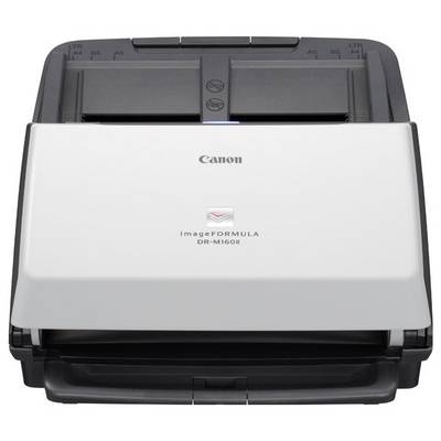 Canon ImageFORMULA DR-M160II Dokumentenscanner von vorne mit geöffnetem Papierzufuhr-Tablett.
