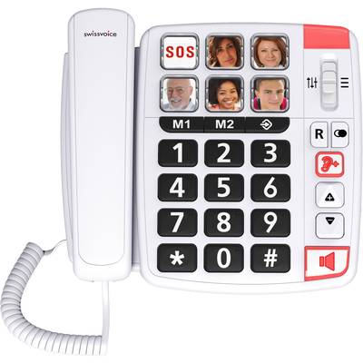 Ein schnurloses Telefon mit großen Tasten, SOS-Knopf, und Speicherplätzen für Fotos von Kontakten. Ideal für einfache Bedienung.