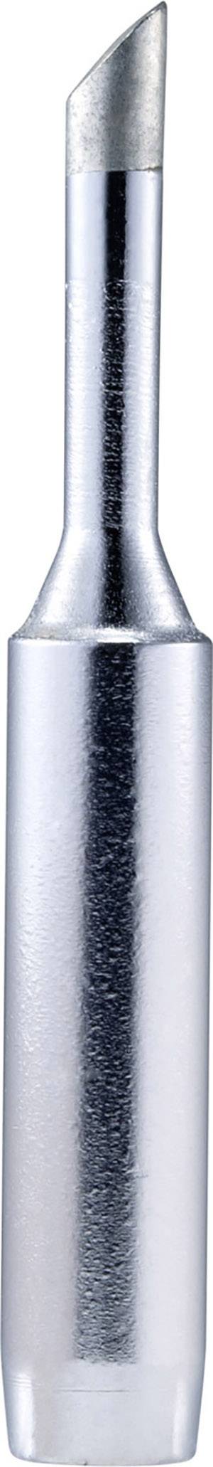 Ein metallischer, zylindrischer Lötkolbenaufsatz mit schräger Spitze, glänzend und silbern, für präzises Löten geeignet.