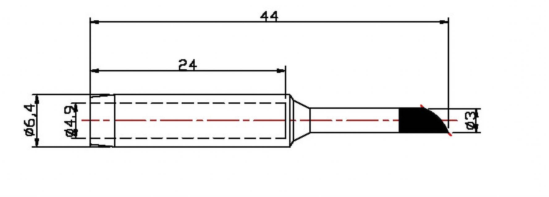 Technische Zeichnung eines Rohrstücks mit Abmessungen: Gesamtlänge 44 mm, Durchmesser 6,4 mm auf 4,9 mm verjüngt, Ende 3 mm.