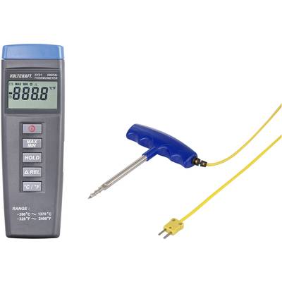 Digitales Thermometer mit Anzeige '888.8', verbunden mit einer gelben Temperaturelektrode und blauem Griff. Misst von -200°C bis 1370°C.