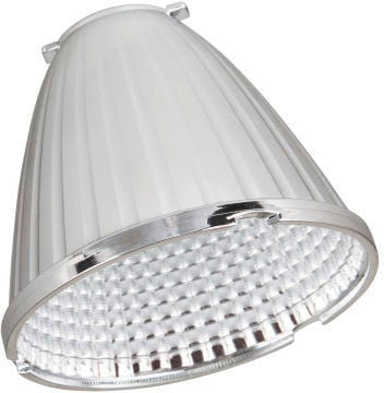 Eine moderne LED-Lampe in kegelförmigem Design mit geriffeltem, silbernem Rand; geeignet für Deckenleuchten.
