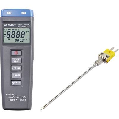 Digitales Thermometer mit Display und abgetrenntem Temperaturfühler. Anzeige zeigt '888.8°F'. Tasten für 'MAX MIN', 'HOLD', 'REL', und Temperaturbereich.