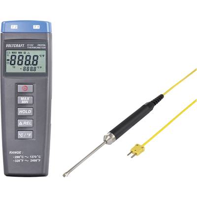 Digitalthermometer und Sondenstelle mit gelbem Kabel zur Messung von Temperaturen zwischen -200°C und 1370°C.