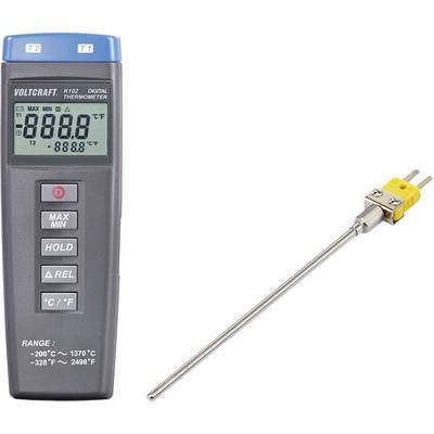 Digitales Thermometer mit langem Temperaturfühler. Display zeigt '888.8 °C' und '888.8 °F'. Geeignet für Messungen von -200 °C bis 1370 °C.