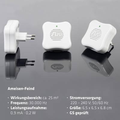 Drei elektronische Schädlingsbekämpfer auf grauem Hintergrund, zur Bekämpfung von Ameisen. Details zu Frequenz, Wirkung und Stromversorgung.