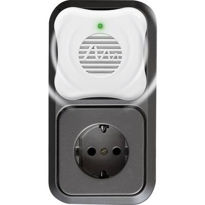 Ein grauer Steckdosenschutz mit einem weißen Sensor und grünem LED-Licht, das anzeigt, dass das Gerät eingeschaltet ist.