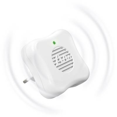 Ein weißer Ultraschall-Schädlingsbekämpfer mit einer grünen LED-Anzeige. Das Gerät sendet Schallwellen aus, um Schädlinge abzuwehren.