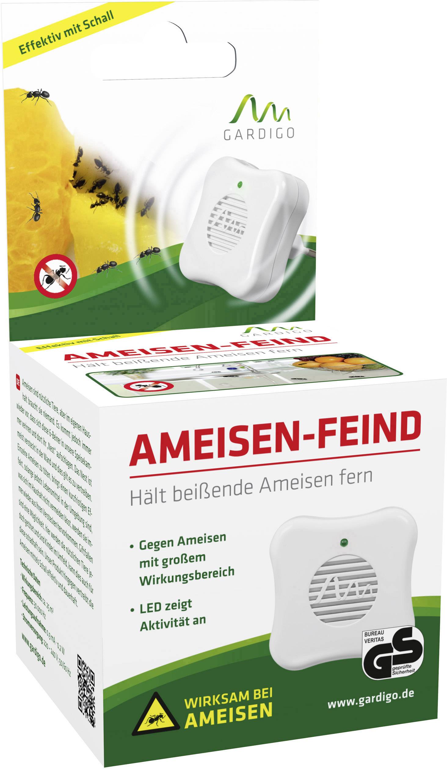 'Gardigo Ameisen-Feind' Verpackung zeigt Produkt zur Abwehr von Ameisen mit Schall. Enthält Infos über Effektivität und LED-Anzeige.