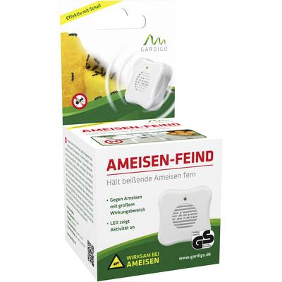 'Gardigo Ameisen-Feind' Verpackung zeigt Produkt zur Abwehr von Ameisen mit Schall. Enthält Infos über Effektivität und LED-Anzeige.
