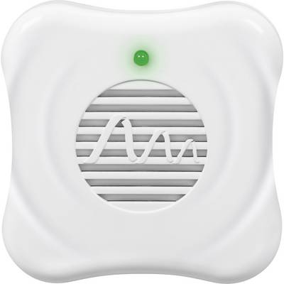 Ein weißer, quadratischer Rauchmelder mit abgerundeten Ecken und grüner LED-Anzeige oben.