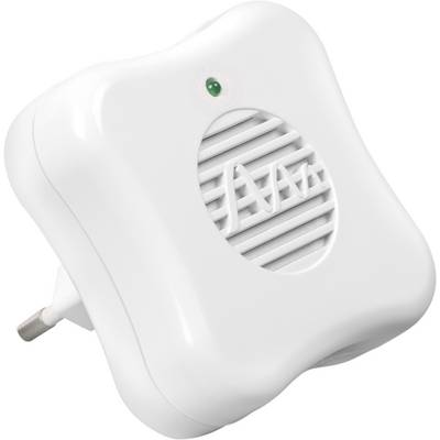 Ein weißer Steckdosengerät mit Lüftungsschlitzen und grüner Kontrollleuchte, wahrscheinlich ein Elektrogerät zur Luftreinigung oder Schädlingsabwehr.