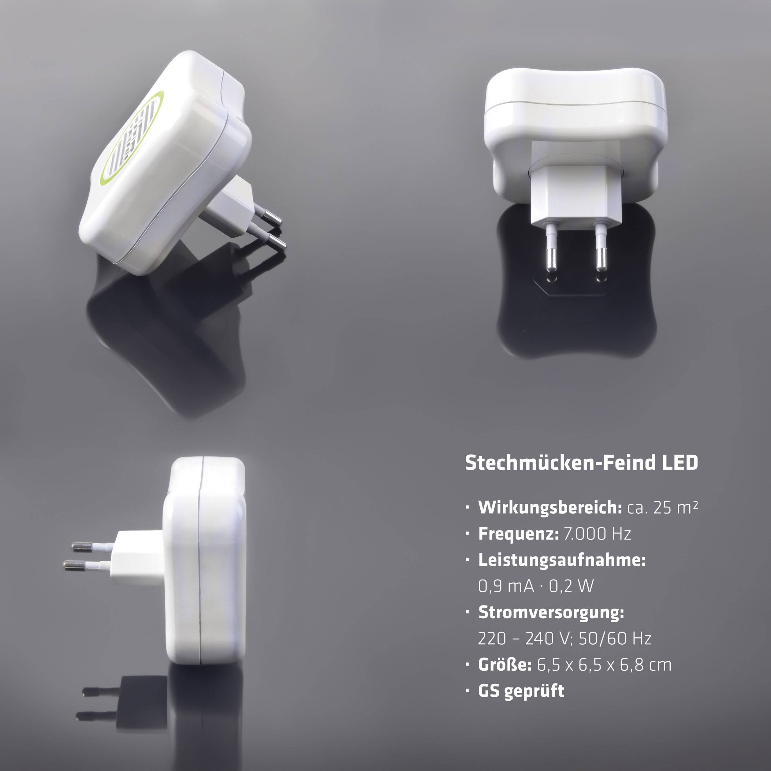 Ein Anti-Mücken LED Gerät in Weiß, gezeigt von der Vorder- und Seitenansicht. Technische Details: Wirkung 25 m², Frequenz 7000 Hz, Verbrauch 0,2 W. Größe: 6,5 x 6,5 x 6,8 cm.