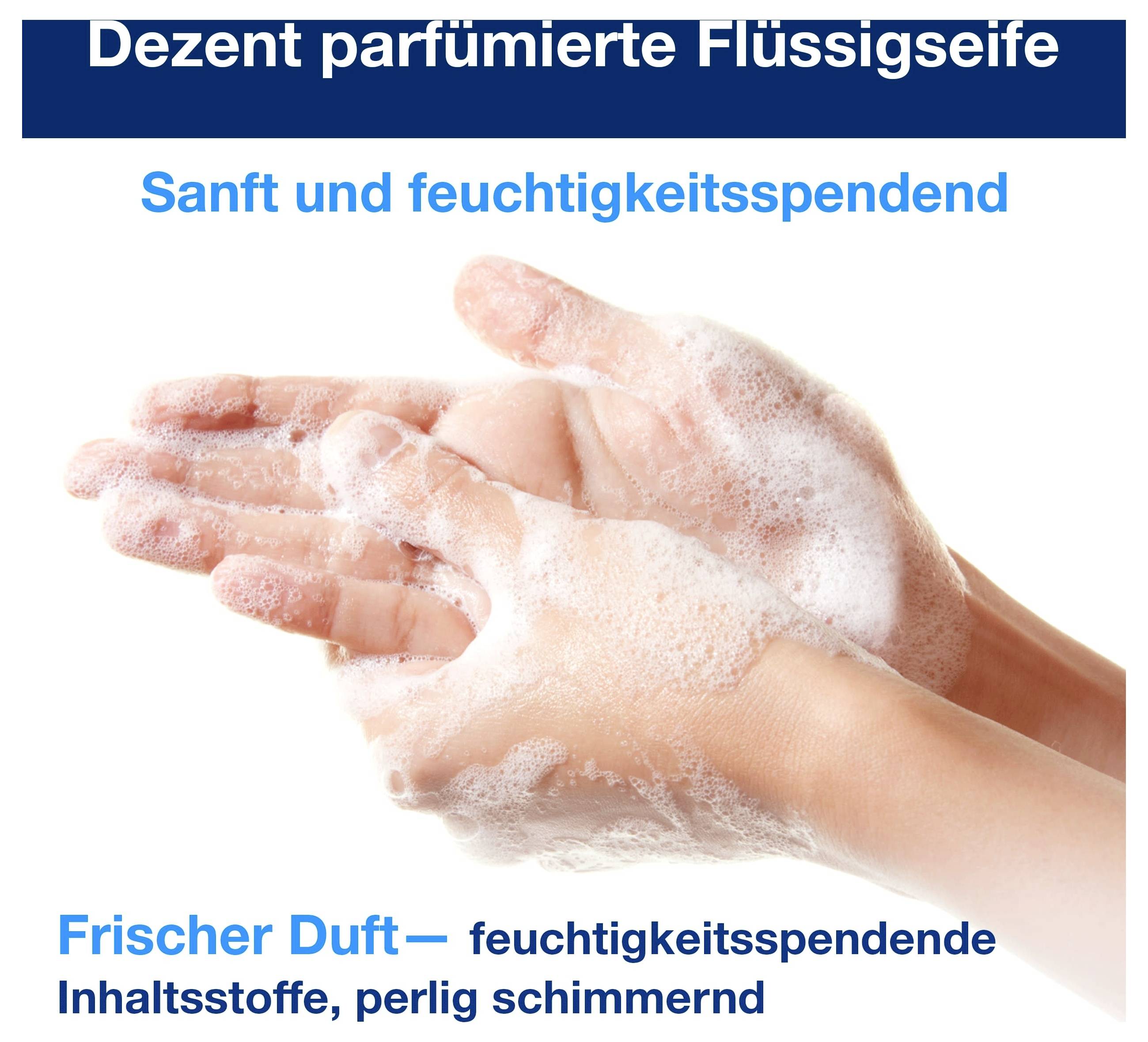 Werbung für dezente parfümierte Flüssigseife: schäumende Hände mit den Aussagen 'Sanft und feuchtigkeitsspendend' und 'Frischer Duft'<br>