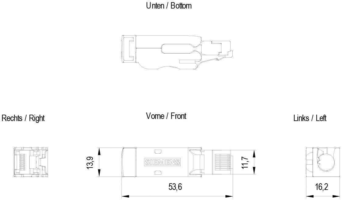Technische Zeichnung eines Steckers mit Front- und Seitenansicht. Maße: 53,6 mm, 16,2 mm, 13,9 mm, 11,7 mm. Markiert mit 'Siemens'.